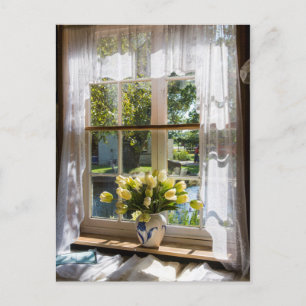 Fenster mit Spitzen-Vorhang und Tulpen Postkarte
