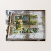 Fenster mit Spitzen-Vorhang und Tulpen Puzzle (Horizontal)