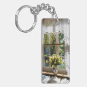Fenster mit Spitzen-Vorhang und Tulpen Schlüsselanhänger (Vorderseite links)