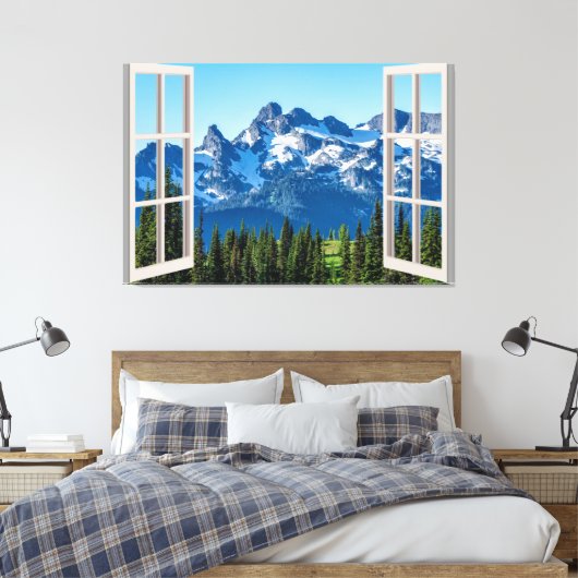 Fenster "Mountain View Fake" Zuhause Leinwanddruck (Insitu (Schlafzimmer))