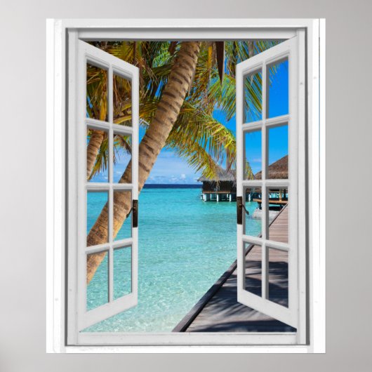 Fenster Palmen und Ocean View Imitate Poster (Vorne)