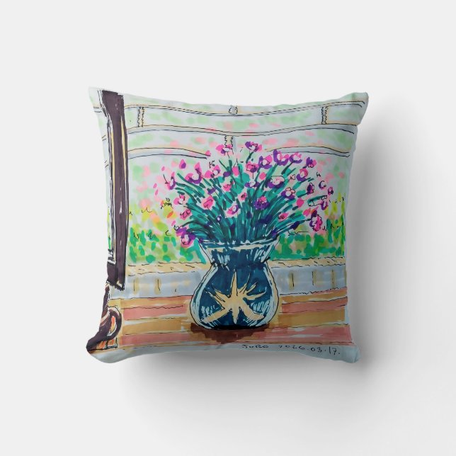 Fenster Tee und Blumen Kissen (Vorderseite)