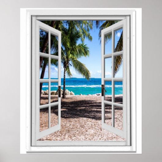 Fenster "Tropische Palmen am Strand mit Blick auf Poster (Vorne)