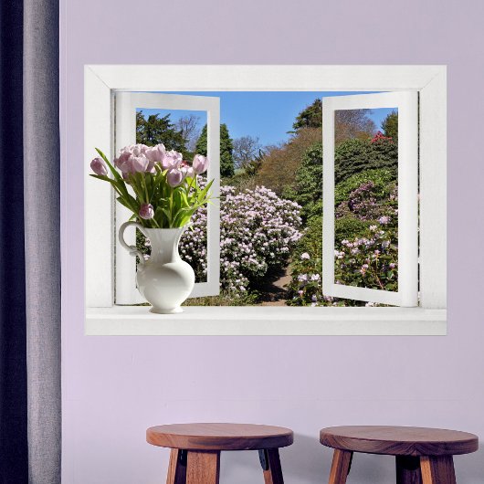 Fenster zum Garten öffnen mit rosa Tulips Poster