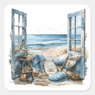 Fenster zum Strand - Träumen vom Strand Quadratischer Aufkleber