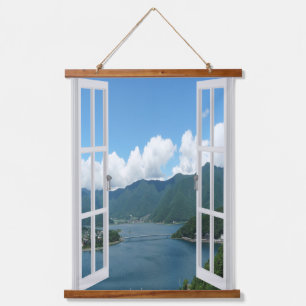 Fensteransicht See und Mauerwerk Wandteppich Mit Holzrahmen