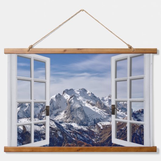 Fensteransicht Snowy Mountains Wall Tapestry Wandteppich Mit Holzrahmen (Vorne)