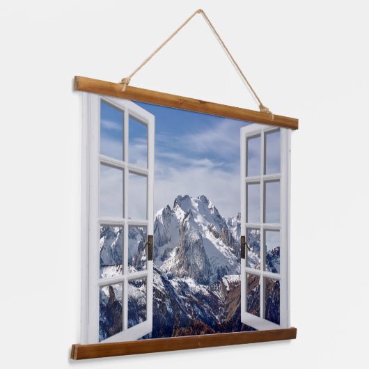 Fensteransicht Snowy Mountains Wall Tapestry Wandteppich Mit Holzrahmen (Gewinkelt)
