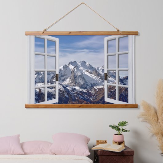 Fensteransicht Snowy Mountains Wall Tapestry Wandteppich Mit Holzrahmen (Schlafzimmer)