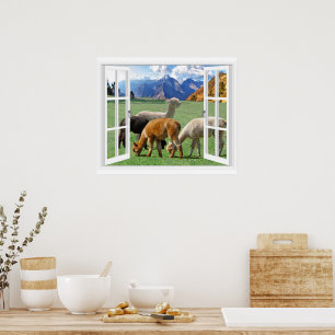 Fensterblick mit Bergen und Alpaka  Poster