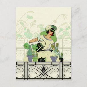 FENSTERGARTEN, ART DÉCO-DAME: SOMMERGRÜN POSTKARTE