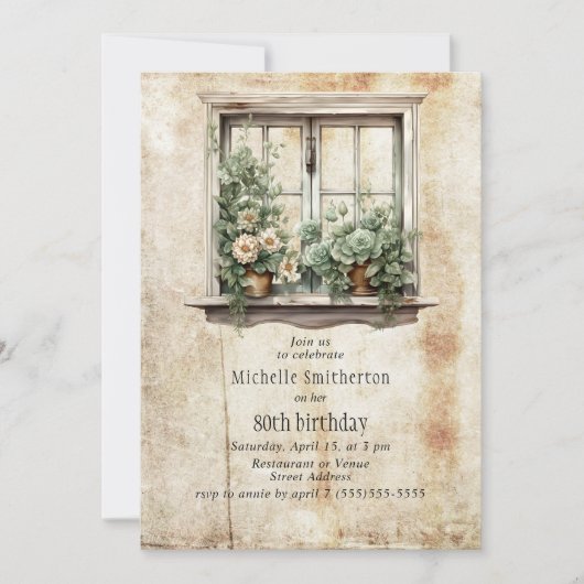 Fenstergarten Sukkulente Rustikale 80. Geburtstag Einladung (Vorderseite)