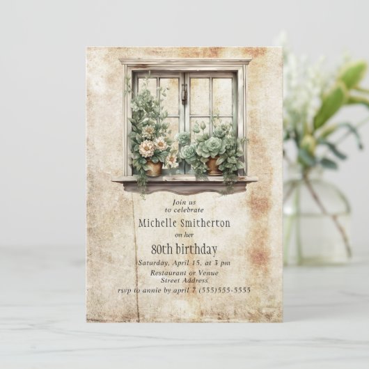 Fenstergarten Sukkulente Rustikale 80. Geburtstag Einladung (Stehend Vorderseite)