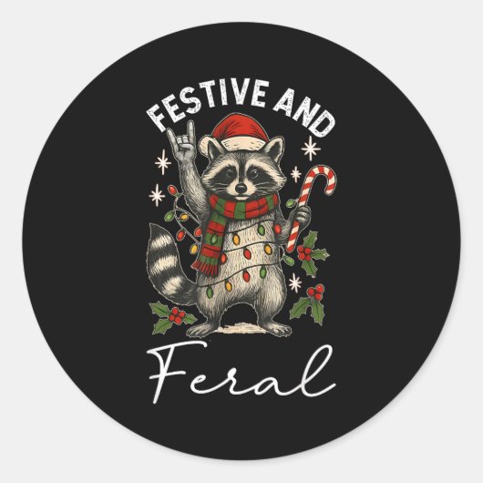Feral And Festive Raccoon Santa Hat Christmas Ligh Runder Aufkleber (Vorderseite)