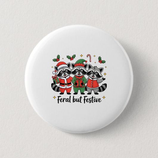 Feral But Festive Funny Christmas Cute Raccoon Elf Button (Vorderseite)