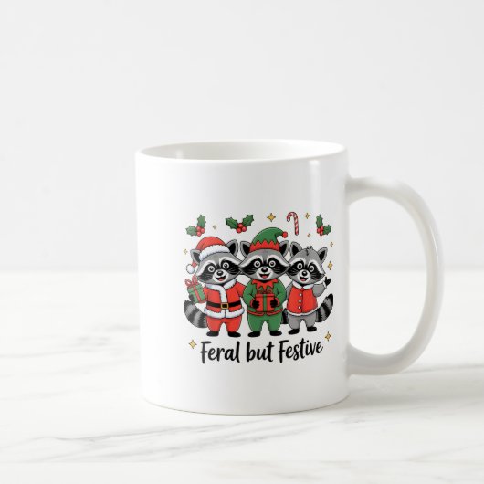 Feral But Festive Funny Christmas Cute Raccoon Elf Kaffeetasse (Rechts)