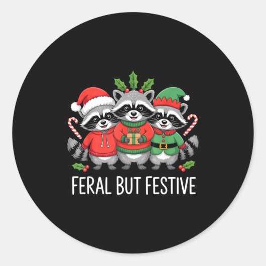 Feral But Festive Funny Raccoon Christmas Holiday Runder Aufkleber (Vorderseite)