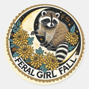 Feral Girl Fall Raccoon Runder Aufkleber