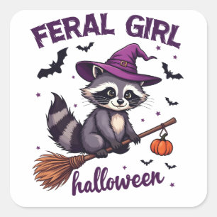Feral Girl Halloween Spooky Raccoon Hexengeschenk Quadratischer Aufkleber