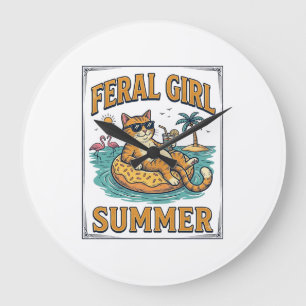 Feral Girl Sommer Katze Schwimmt Vintage-Shirt Des Große Wanduhr