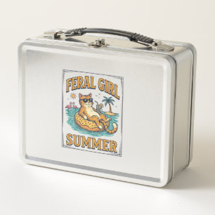 Feral Girl Sommer Katze Schwimmt Vintage-Shirt Des Metall Brotdose