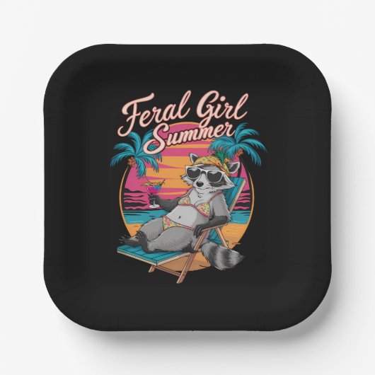 Feral Girl Summer Beach Funny Raccoon Pappteller (Vorderseite)