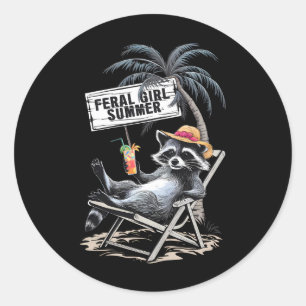 Feral Girl Summer Beach Funny Raccoon Runder Aufkleber