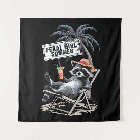 Feral Girl Summer Beach Funny Raccoon Wandteppich (Vorderseite)