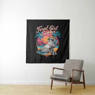 Feral Girl Summer Beach Funny Raccoon Wandteppich