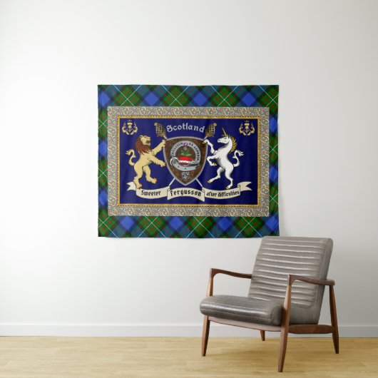 Fergusson Clan Abzeichen & Tartan w/Motto Wandteppich (Beispiel (Horizontal))