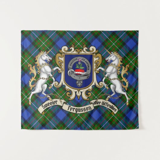 Fergusson Clan Abzeichen & Unicorns mit Tartan Wandteppich (Vorderseite (Horizontal))