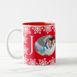 Ferien Familie Foto JOY Red White Snowflake H Zweifarbige Tasse