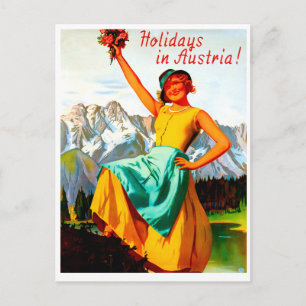 Ferien in Österreich, Frau mit Blumen, Vintage Postkarte