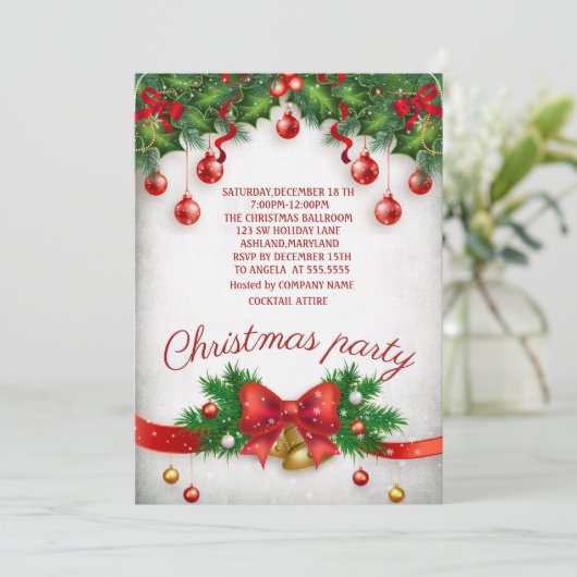 Ferien, Kiefernzweig, Jingle Bell Bow Party Einladung (Stehend Vorderseite)