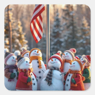 Ferien Schneemänner schauen auf die USA-Flagge Quadratischer Aufkleber