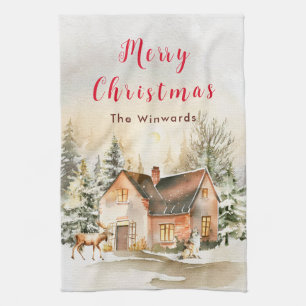 Ferienhaus im Winter Frohe Weihnachten Geschirrtuch