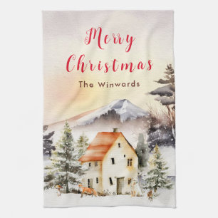 Ferienhaus im Winter Frohe Weihnachten Geschirrtuch