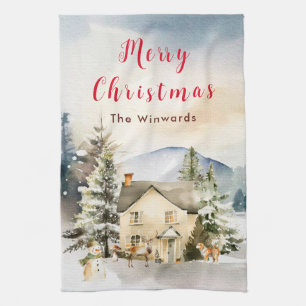 Ferienhaus im Winter Frohe Weihnachten Geschirrtuch