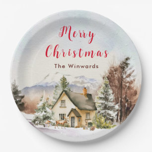 Ferienhaus im Winter Frohe Weihnachten Pappteller