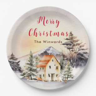 Ferienhaus im Winter Frohe Weihnachten Pappteller