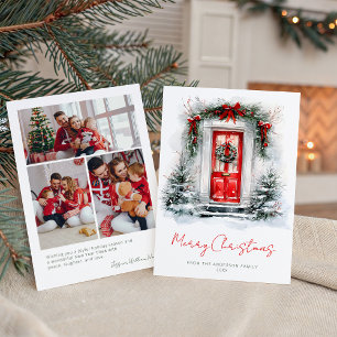 Ferienhaus rote Tür Weihnachtsfamilienfoto Feiertagskarte