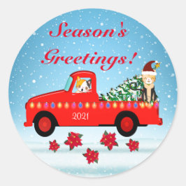 Ferienkatzen bekommen einen Weihnachtsbaum in eine Runder Aufkleber