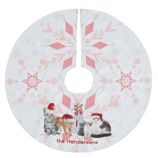 Ferienkatzen Custom Rot und Rosa Schneeflocke Polyester Weihnachtsbaumdecke (Vorderseite)