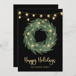 Ferienkrieg mit goldener Saitenleuchte in Schwarz Feiertagskarte