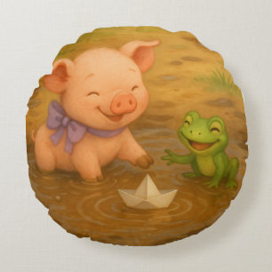 Ferkel, Froglet und Papierboot, Wasserfarbe nach N Rundes Kissen
