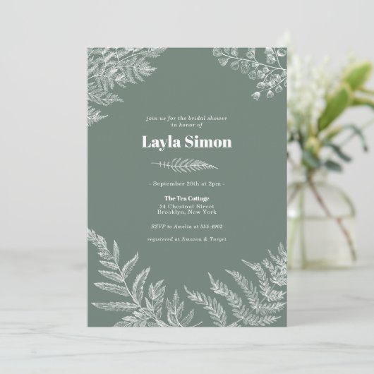 Fern Botanical Sage Bridal Dusche Einladung (Stehend Vorderseite)