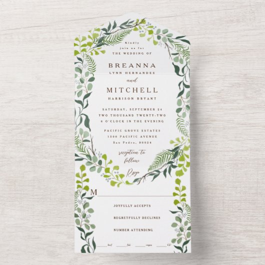 Fern Eucalyptus Hand-Drawn Greenery Wedding All In One Einladung (Innen Boden)