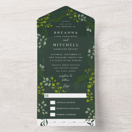 Fern Eukalyptus Hand Gezeichnet Grüne Dunkelgrün All In One Einladung (Innen Boden)