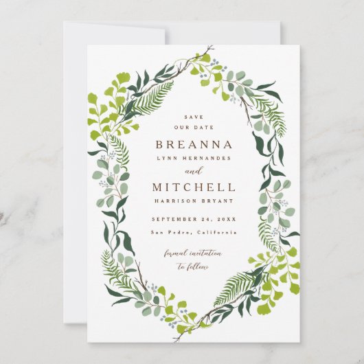 Fern Eukalyptus Hand Gezeichnet Grüne Hochzeit Save The Date (Vorderseite)