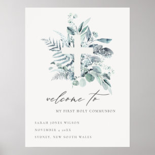 Fern Foliage Cross Erste Heilige Kommune Willkomme Poster